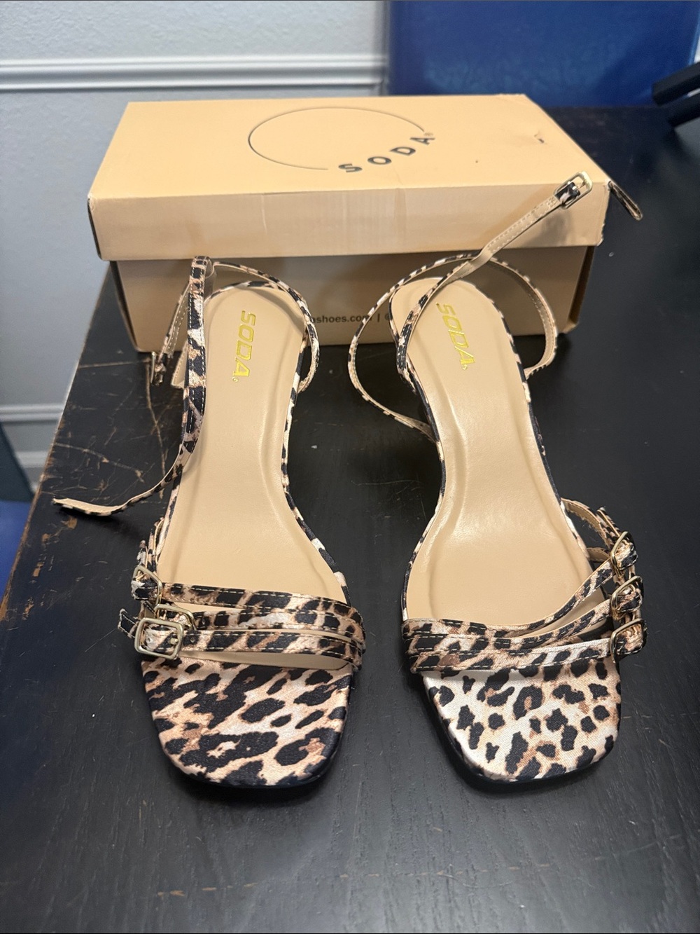 Soda Leopard Print Ankle-Strap Heels - Beige/Black